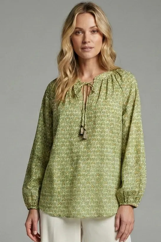 Sage & Sound Green Scalloped Print Tie-Neck Peasant Blouse with Tassel Detail
