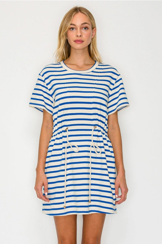 Sapphire Waves Blue and White Striped T-Shirt Mini Dress with Drawstring Waist