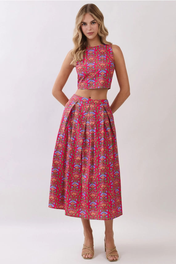 Garden Glow Floral Print High Waist Midi Skirt
