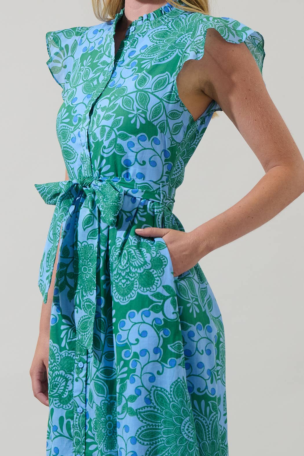In Full Bloom Blue and Green Floral Maxi Dress with Flutter Sleeves, Tie Waist, and Tiered Skirt