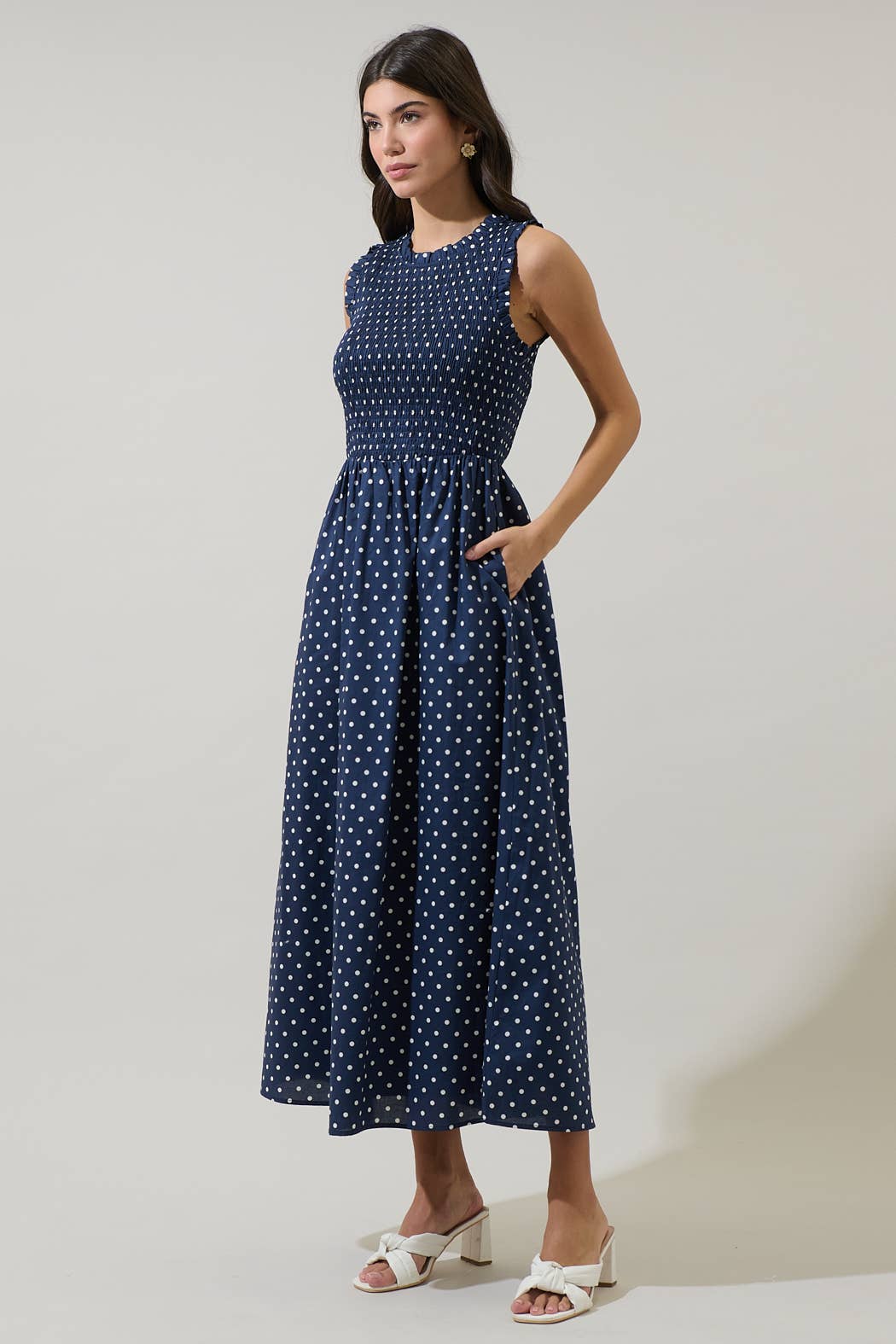 Too Pretty To Rush Navy Polka Dot Smocked Maxi Dress with Sleeveless Design