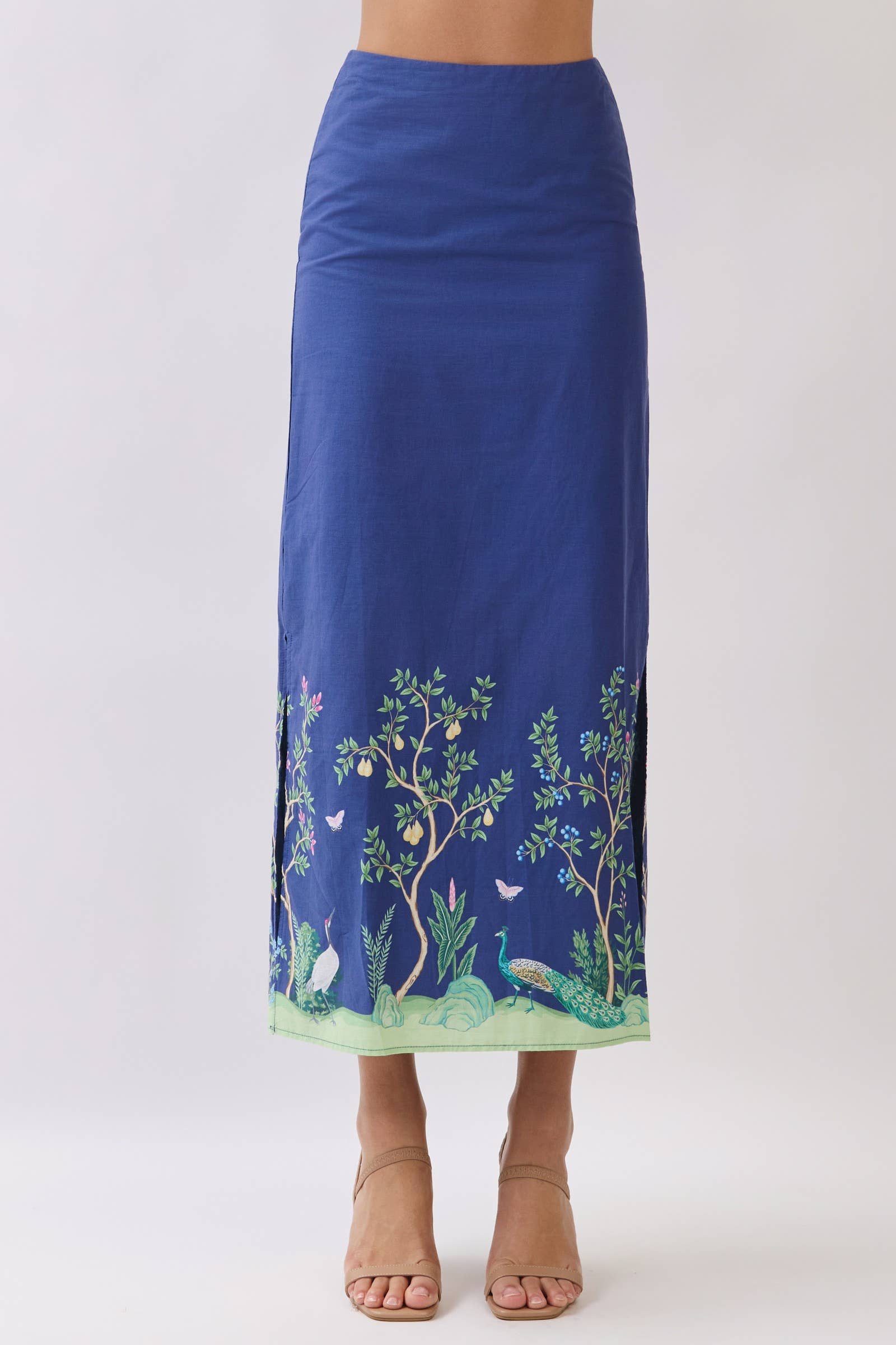 Vine and Vogue Blue Botanical Print Maxi Skirt