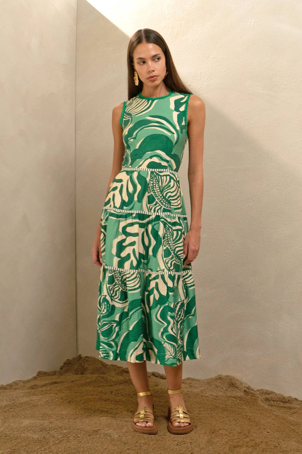 Alva Leaf Print Tiered Maxi Dress