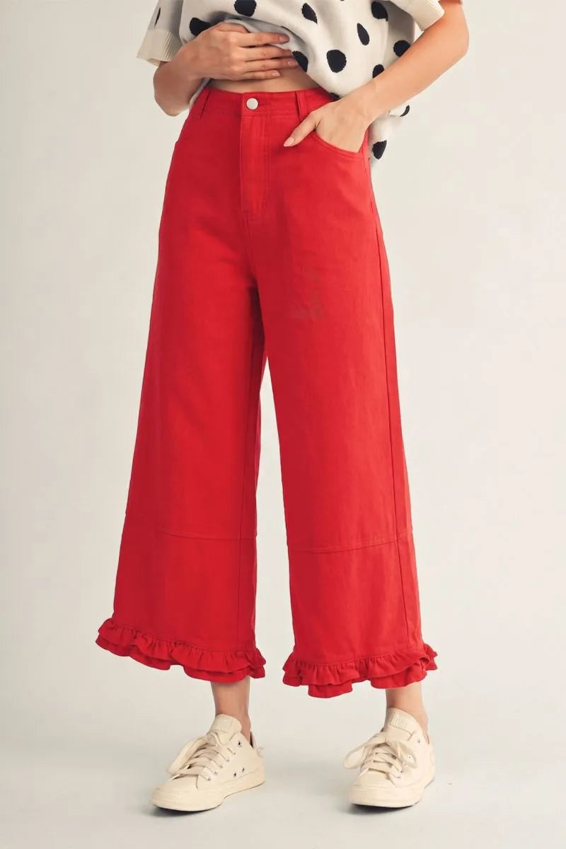 Ruffle Runway Red Wide Leg Cropped Pants
