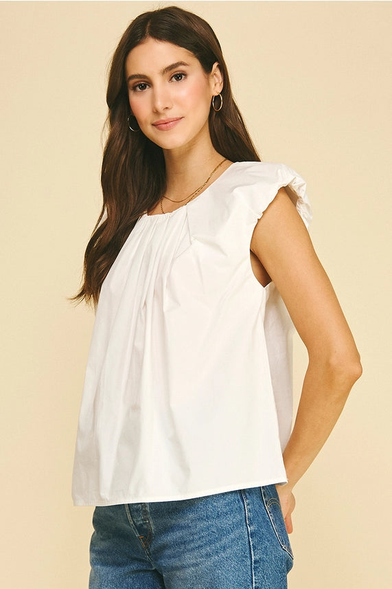 Clean Girl White Flutter Sleeve Blouse with Gathered Neckline
