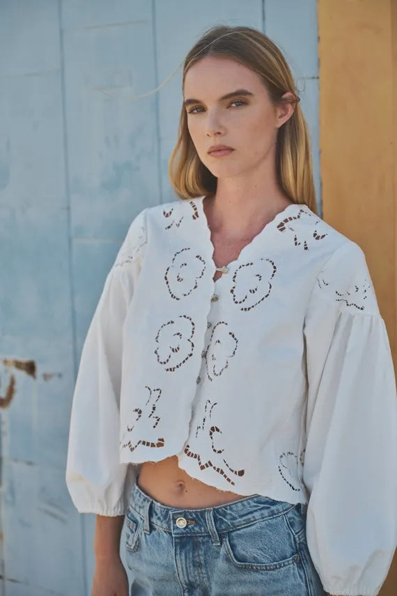 Eyelet It Be Embroidered Button Front Blouse