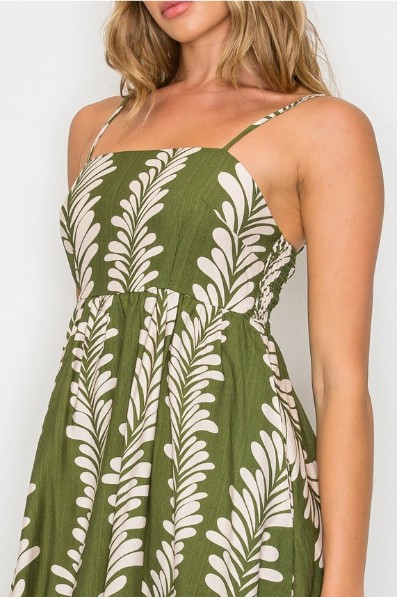Leaf It to Chance Olive Green Leaf Print Smocked Maxi Dress with Spaghetti Straps