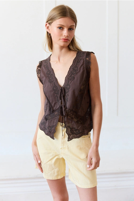 Espresso Date Lace Tie Front Sleeveless Top with Scalloped Trim and V-Neckline