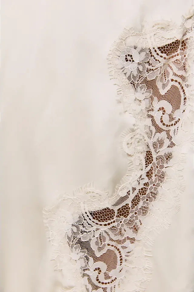 Champagne Lace Satin Midi Skirt with Lace Trim and Side Slit