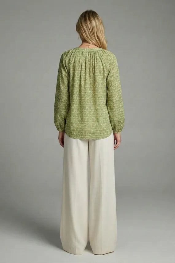 Sage & Sound Green Scalloped Print Tie-Neck Peasant Blouse with Tassel Detail