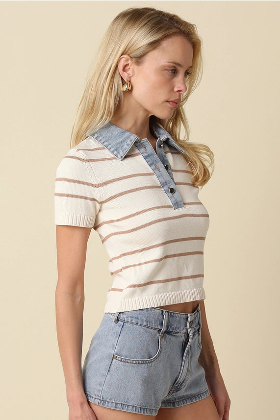 Prep Talk Striped Knit Polo Sweater Top with Denim Collar