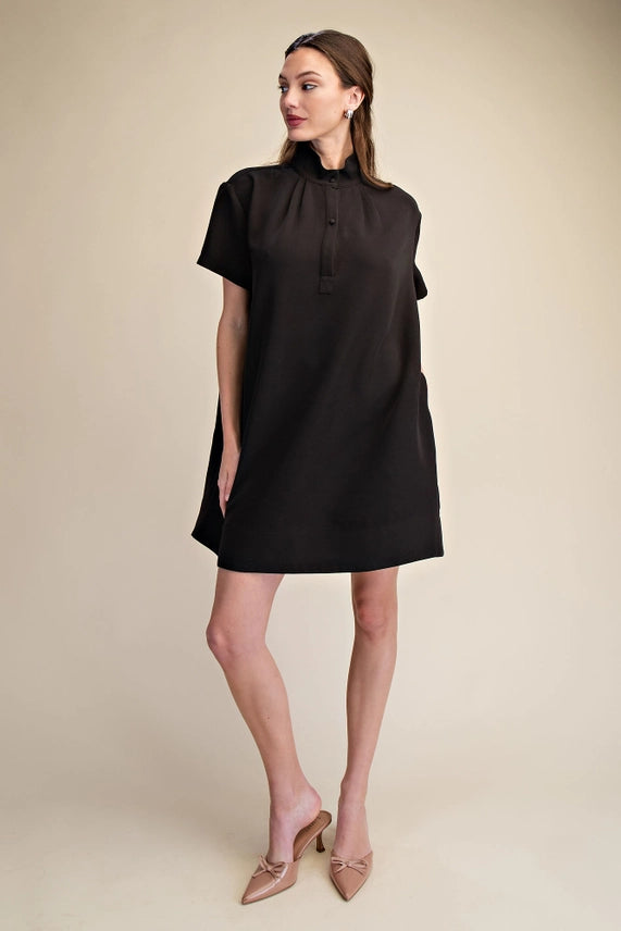 She's so Polished Black Shift Mini Dress with High Neck and Short Sleeves