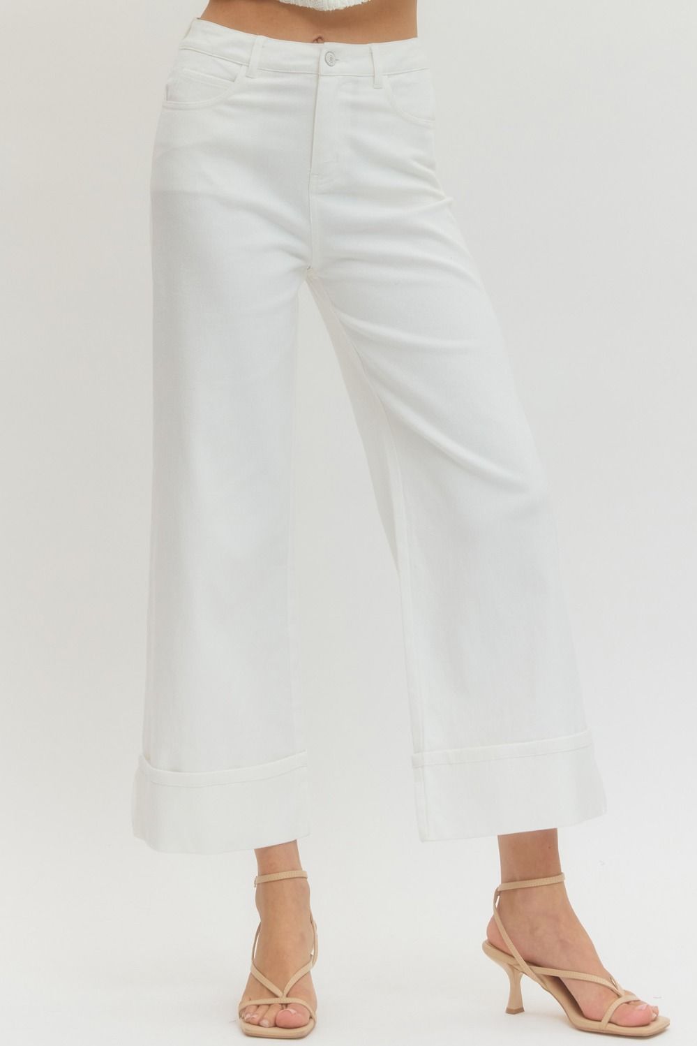 “Where’d You Get Those?” White Cropped Wide Leg Jeans with Cuffed Hem