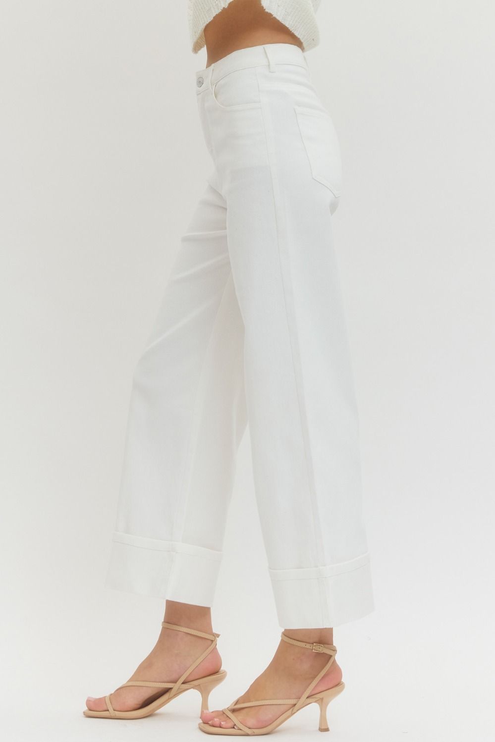 “Where’d You Get Those?” White Cropped Wide Leg Jeans with Cuffed Hem