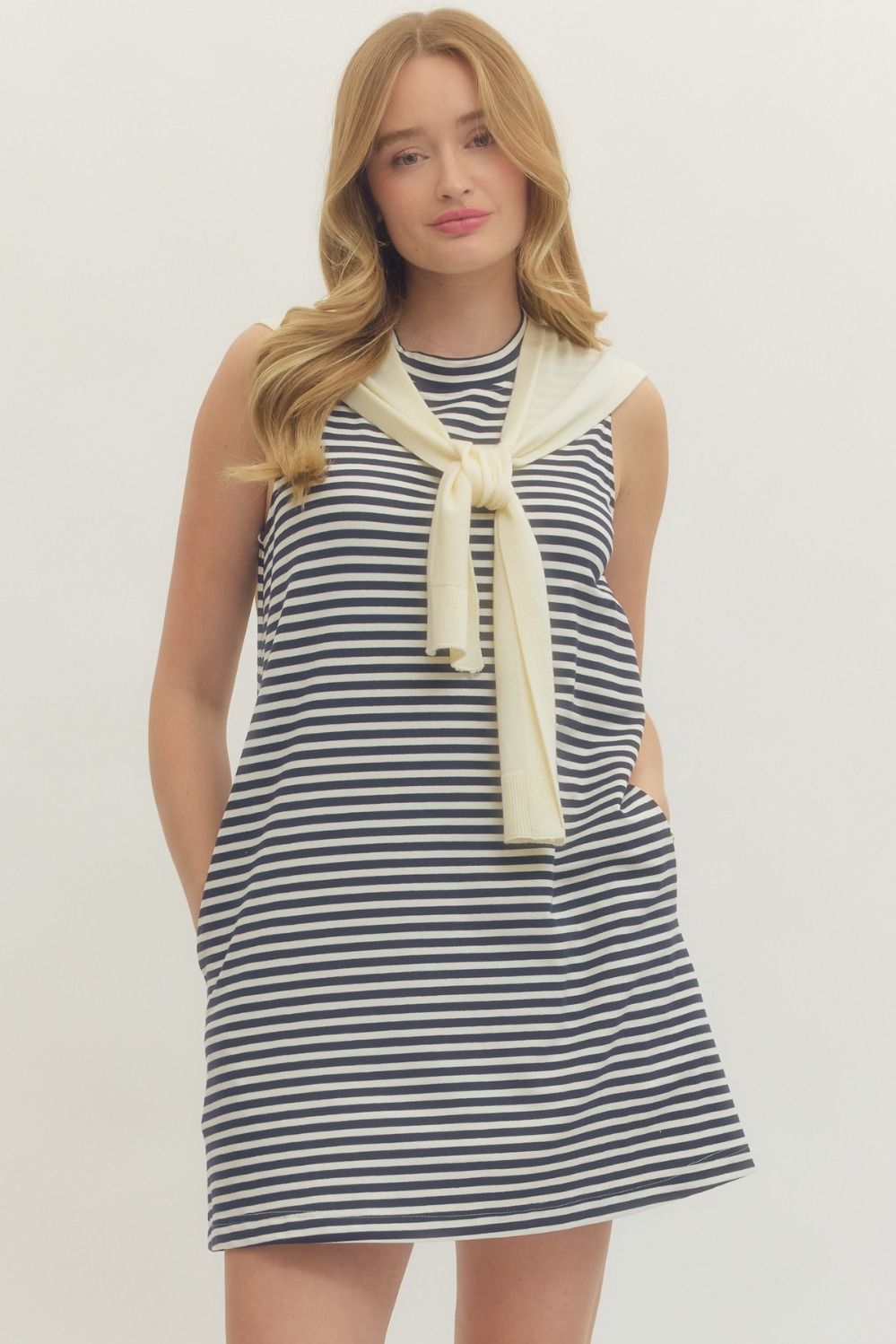 Madeline Striped Sleeveless Mini Dress with Pockets and Relaxed Fit