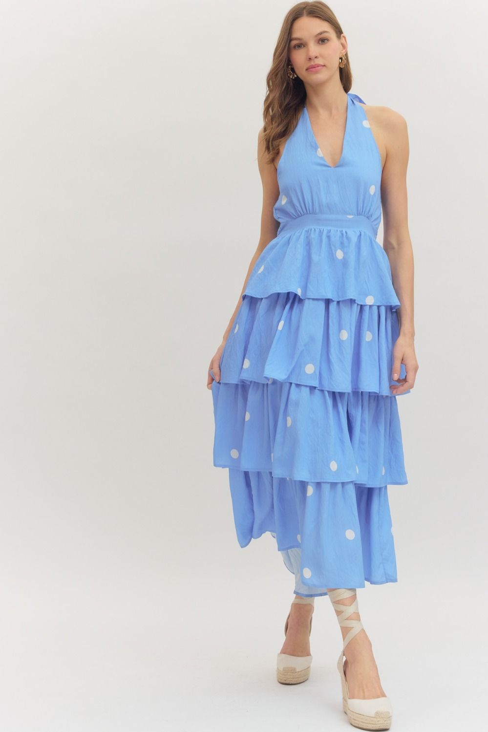 Sweet Like Summer Blue Polka Dot Tiered Halter Maxi Dress