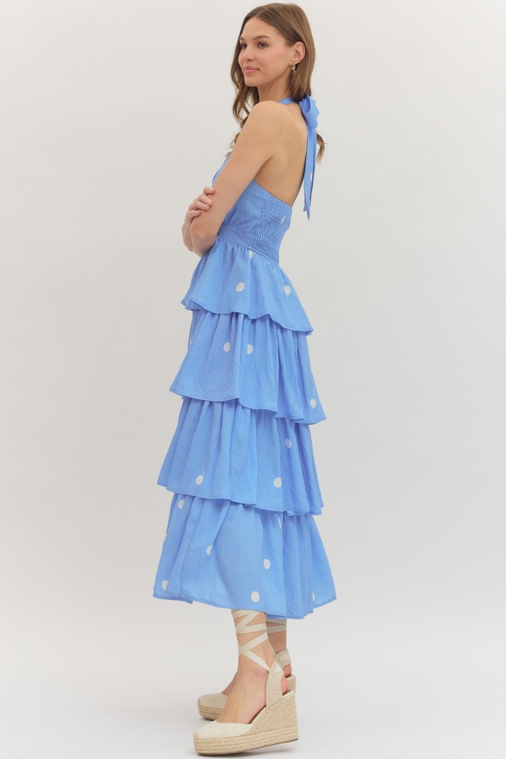 Sweet Like Summer Blue Polka Dot Tiered Halter Maxi Dress