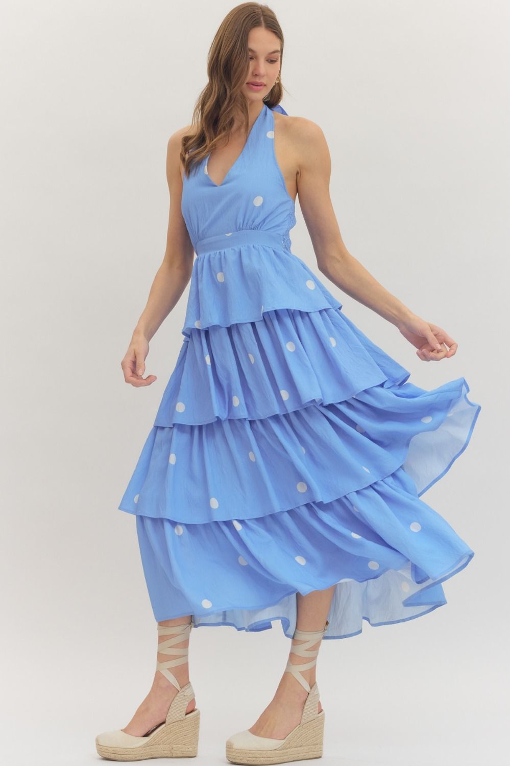 Sweet Like Summer Blue Polka Dot Tiered Halter Maxi Dress