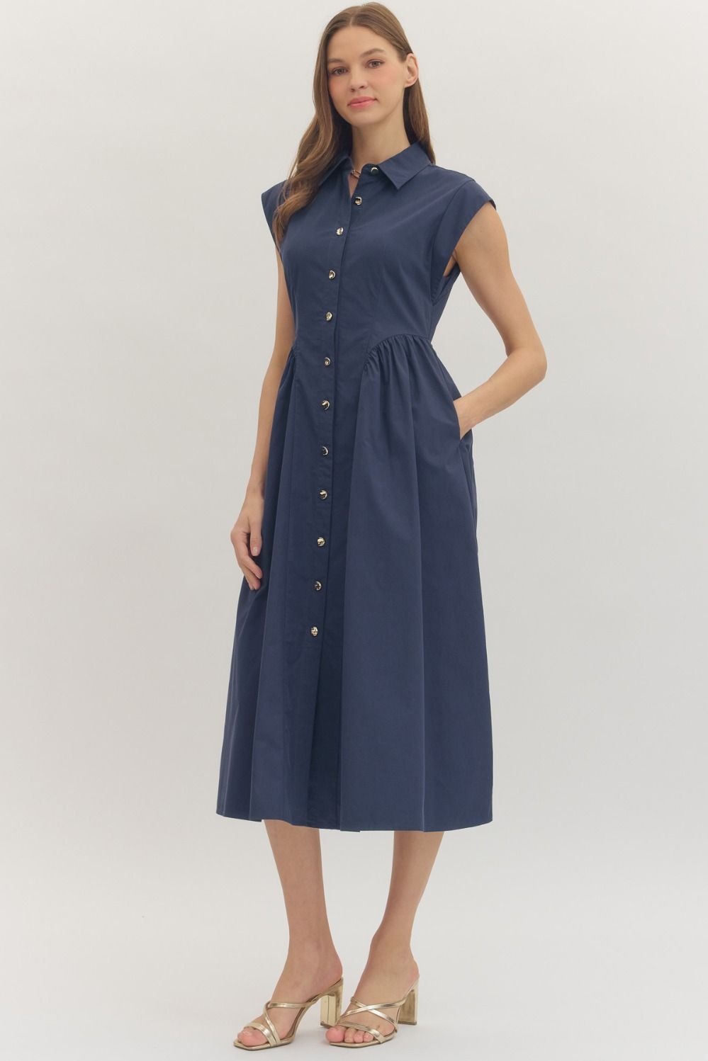 Show Me the Way Collared Midi Dress with Button Front, Cap Sleeves, and Side Pockets