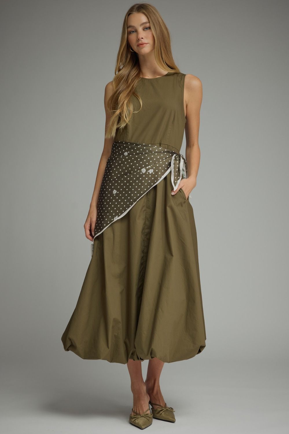 Waist Not Olive Polka Dot Scarf Tie Bubble Hem Midi Dress