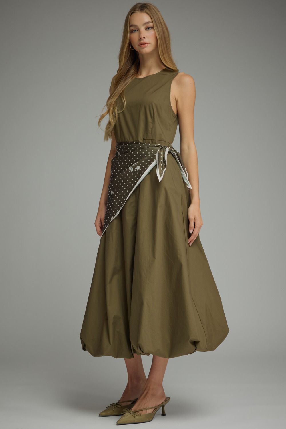 Waist Not Olive Polka Dot Scarf Tie Bubble Hem Midi Dress