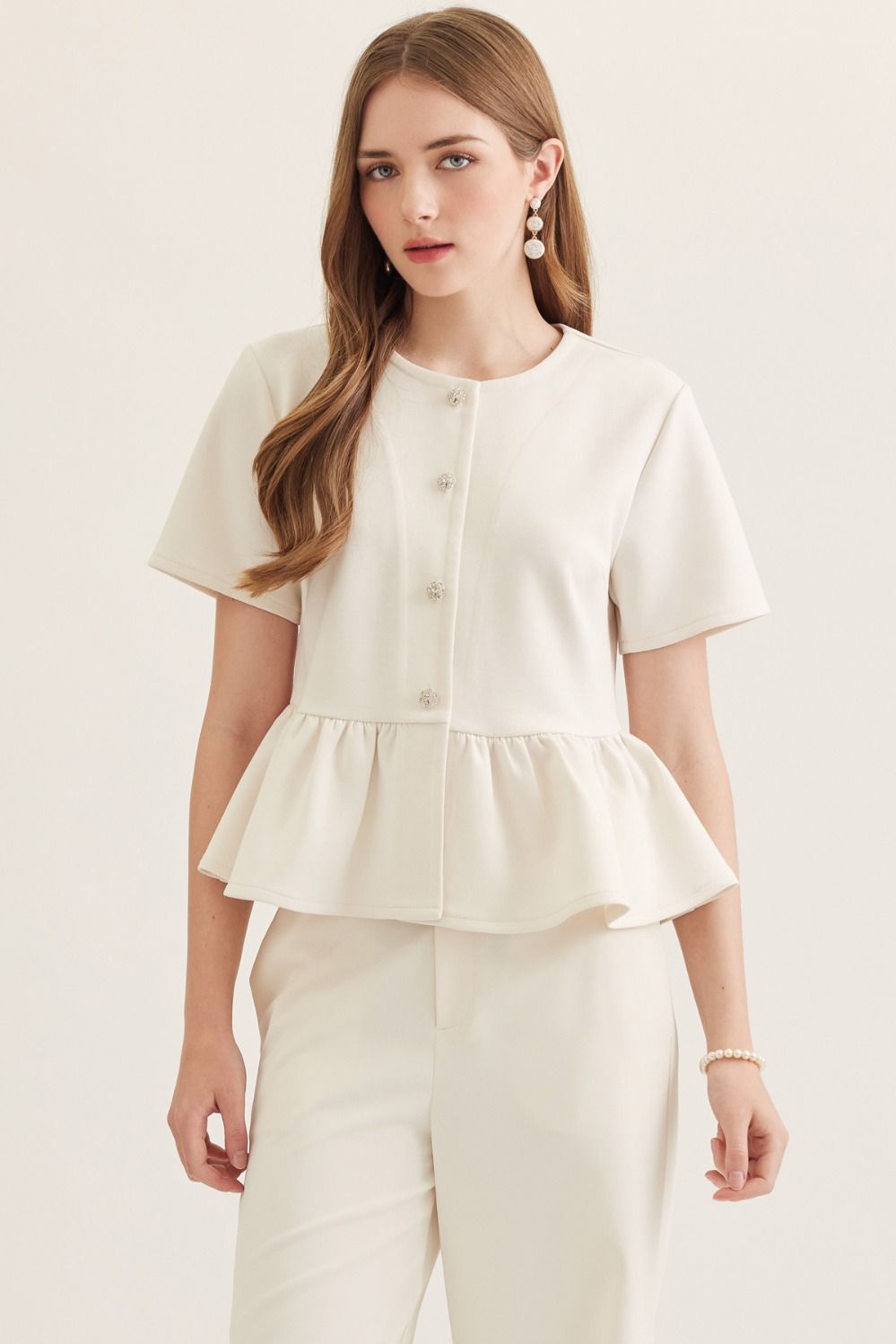 Tailored Charm Peplum Top with Button Front and Short Sleeves