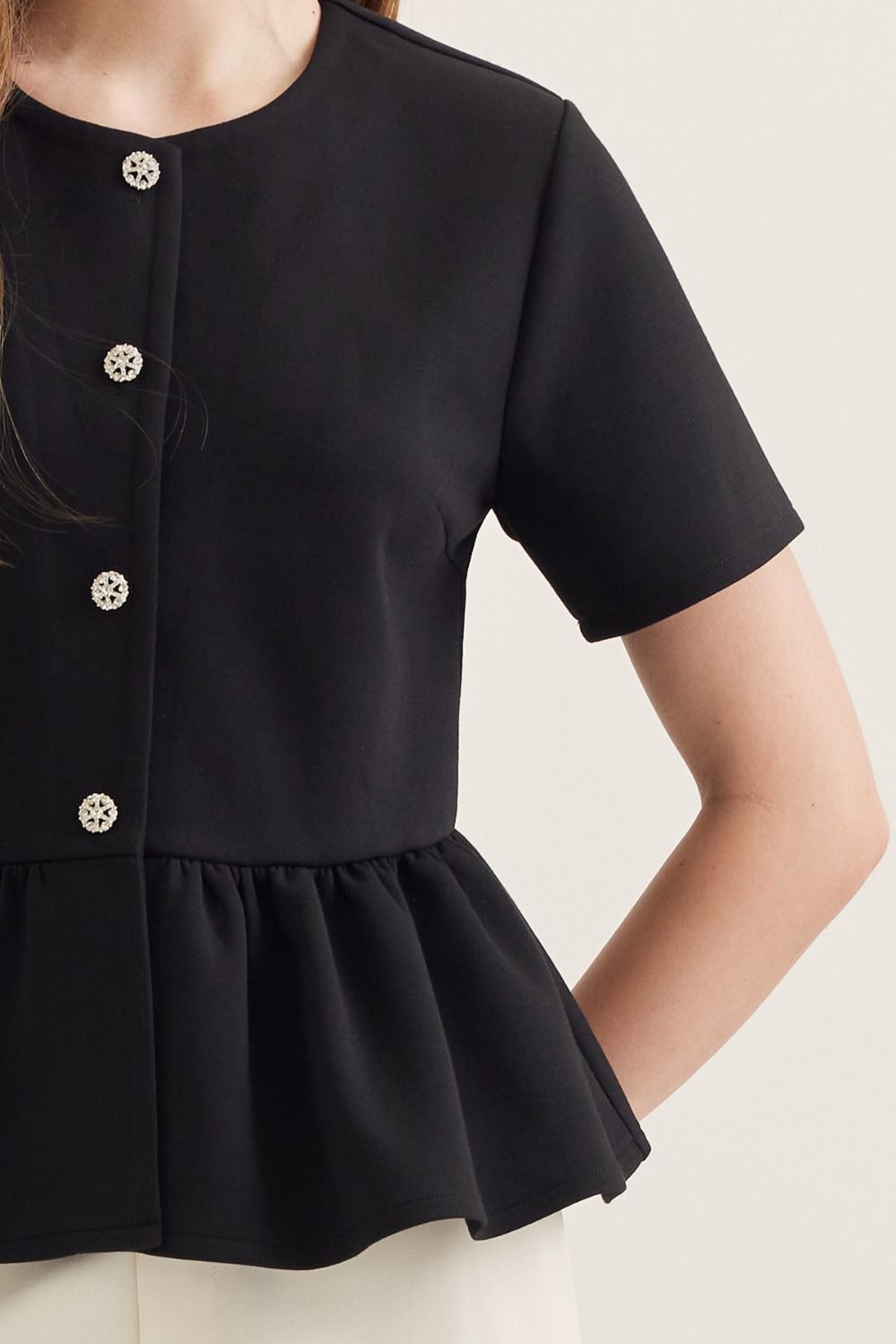 Tailored Charm Peplum Top with Button Front and Short Sleeves