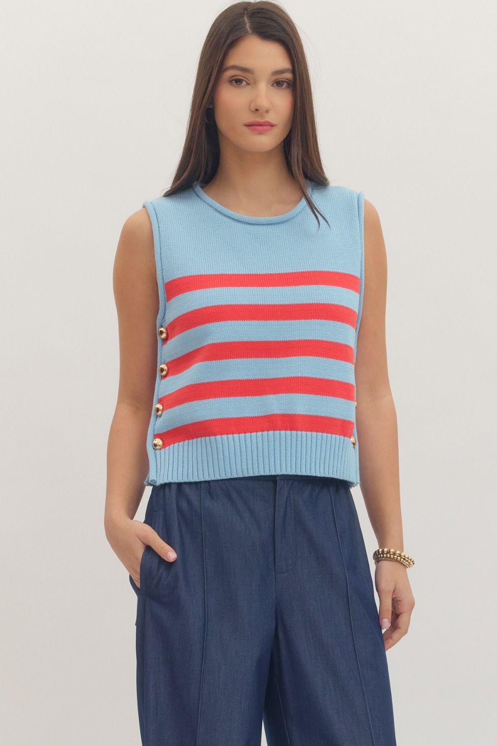 It All Lines Up Striped Sleeveless Knit Tank Top with Side Button Detail