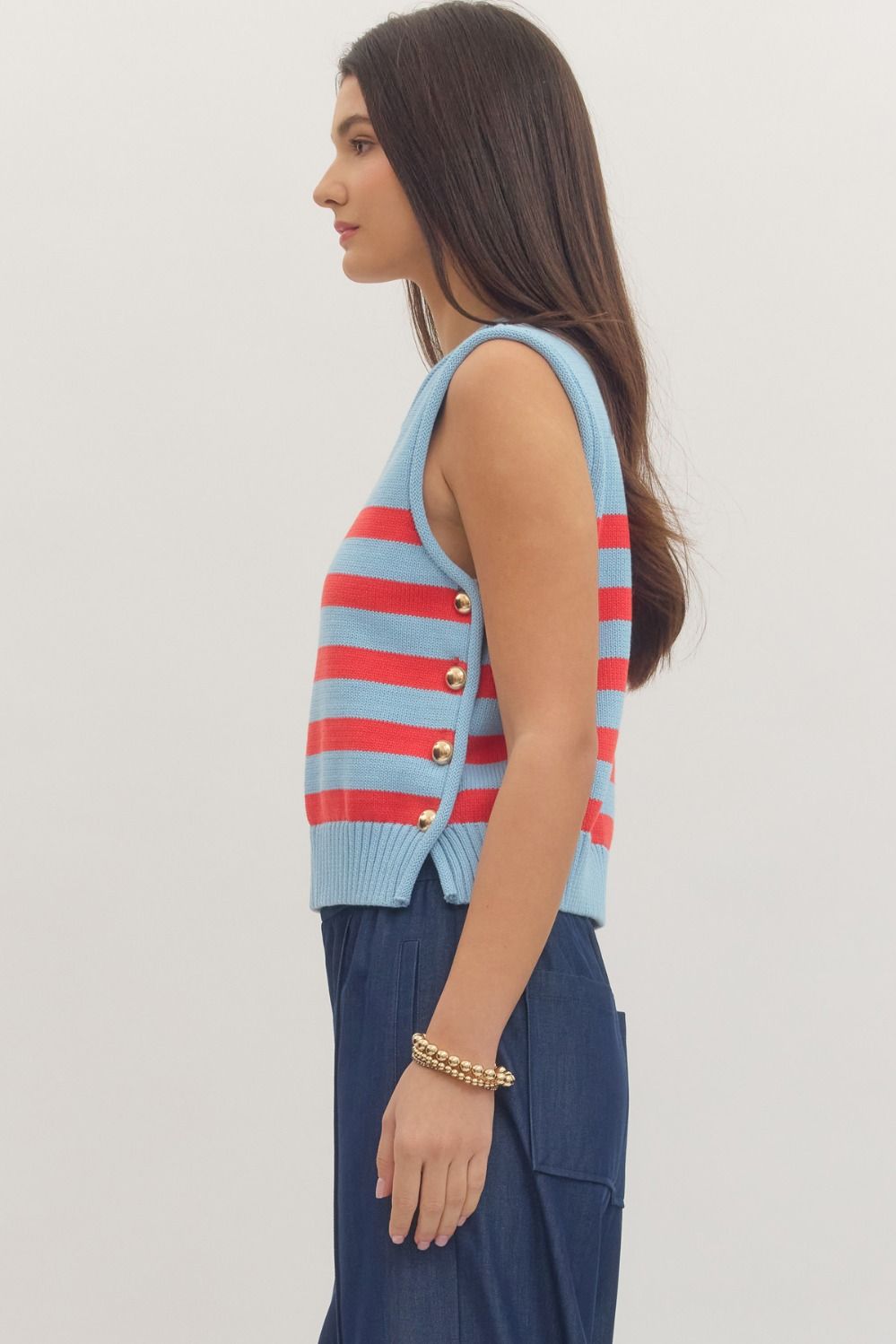 It All Lines Up Striped Sleeveless Knit Tank Top with Side Button Detail