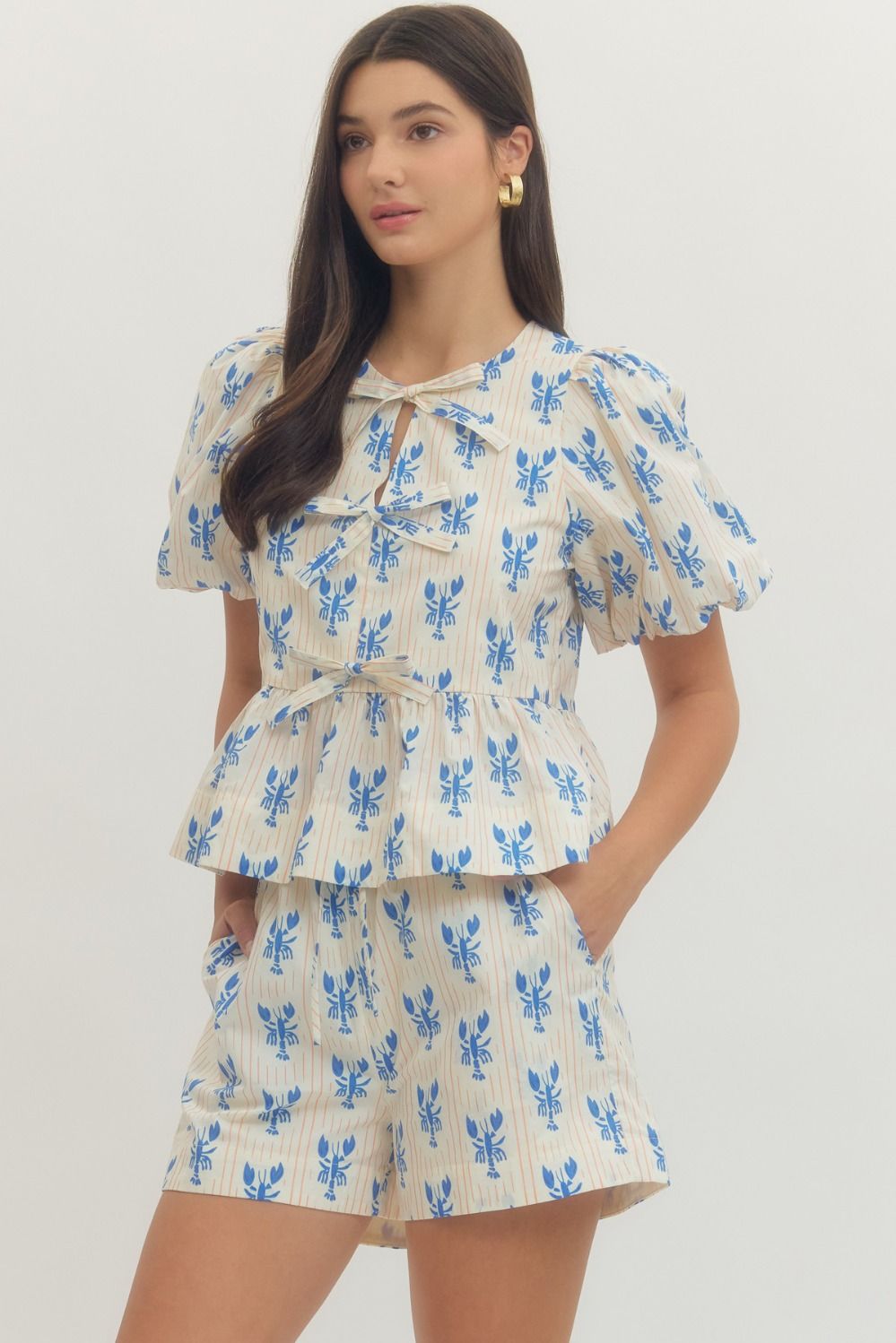 Seas the Day Women’s Blue Coastal Print Peplum Top with Puff Sleeves