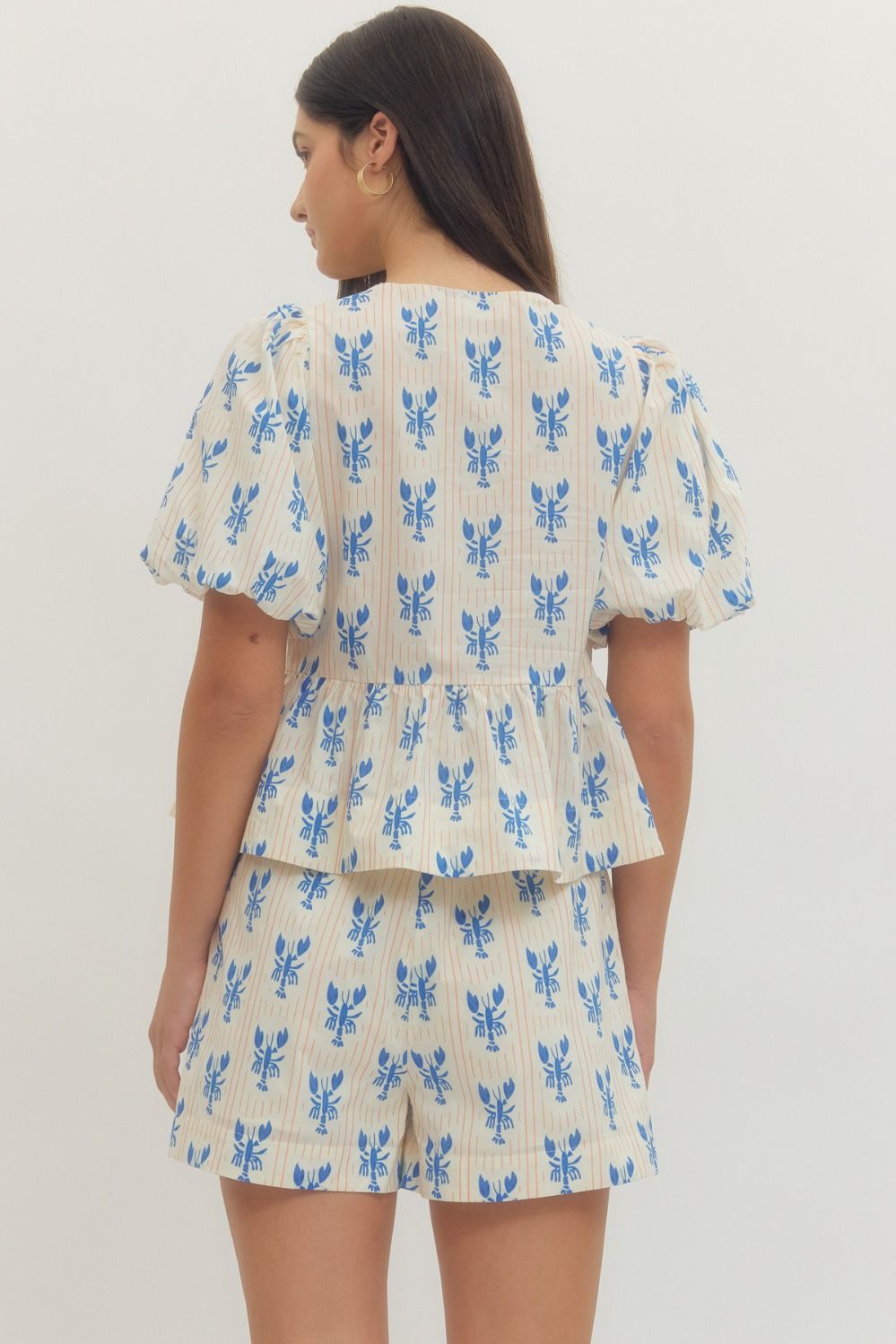 Seas the Day Women’s Blue Coastal Print Peplum Top with Puff Sleeves