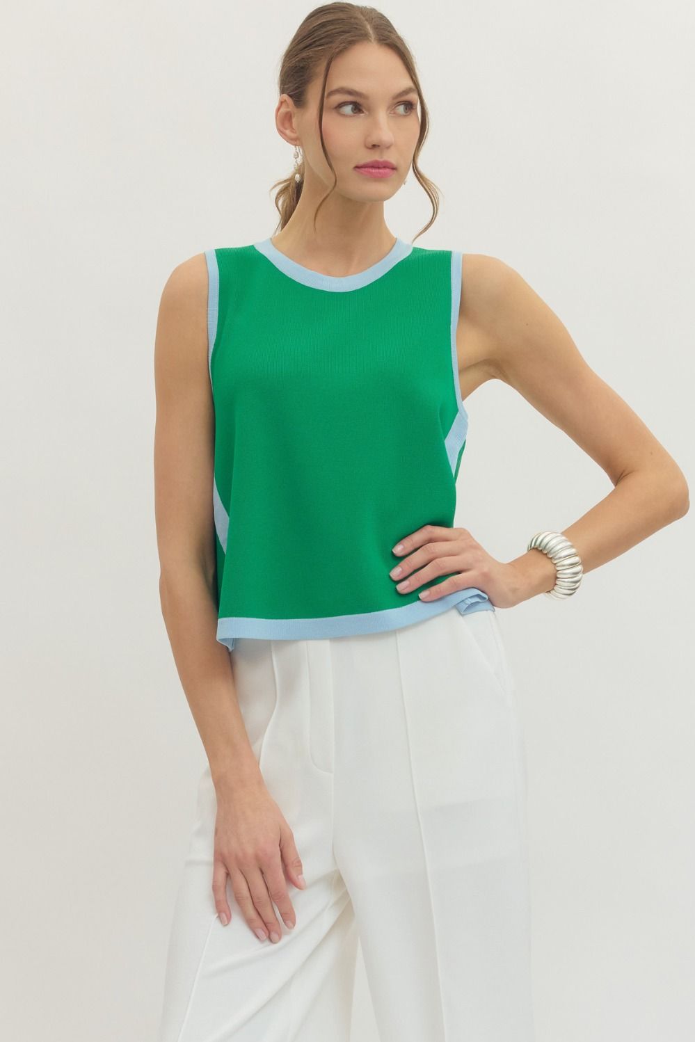Just What I Wanted Sleeveless Knit Tank Top with Contrast Trim and Relaxed Fit
