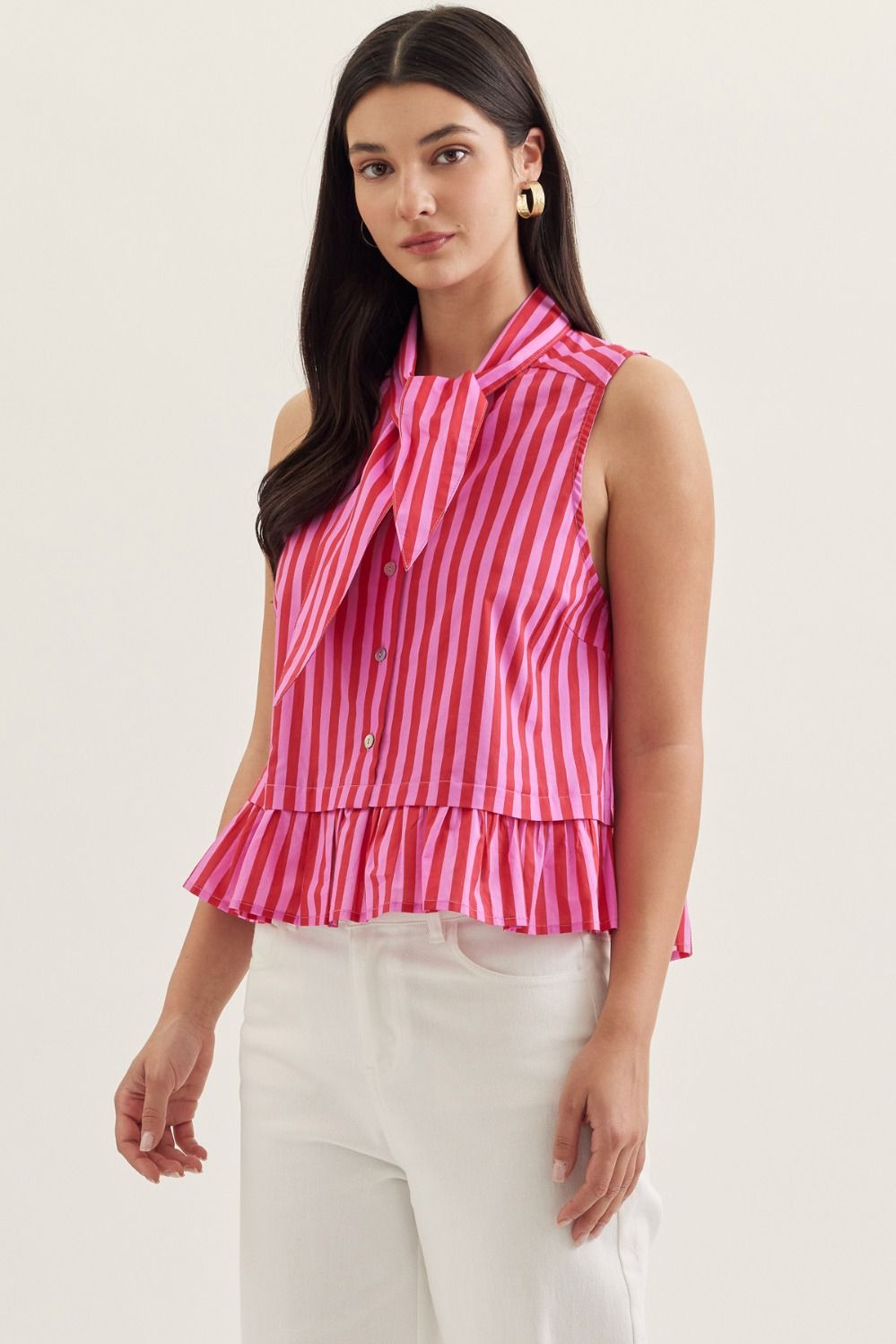 Sweet Statement Striped Sleeveless Blouse with Tie Neck and Peplum Hem