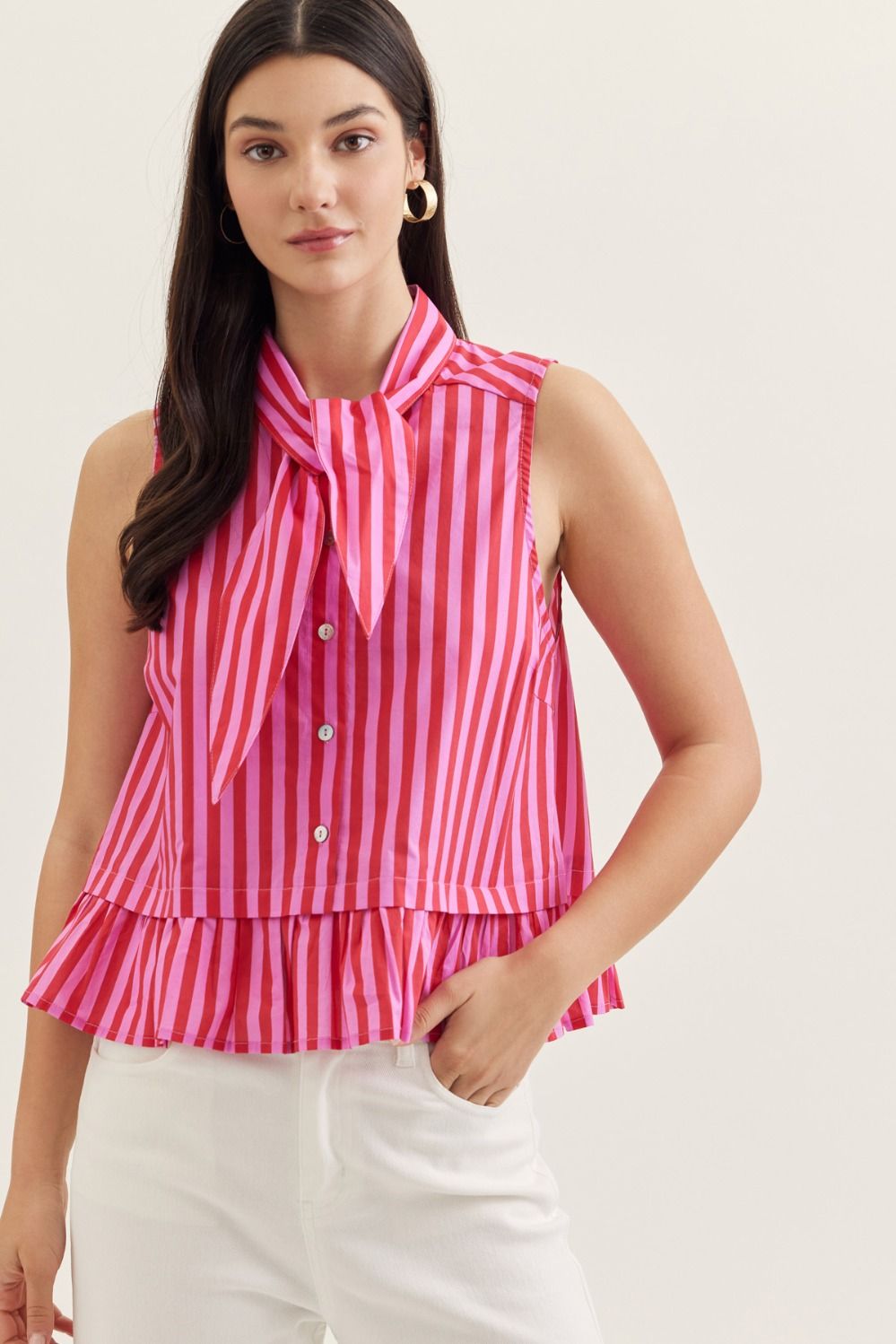 Sweet Statement Striped Sleeveless Blouse with Tie Neck and Peplum Hem