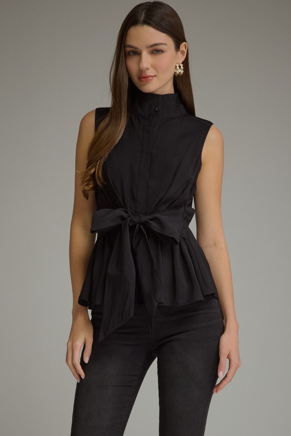 Cinch the Deal Sleeveless Collared Blouse with Tie Waist Bow and Flared Hem