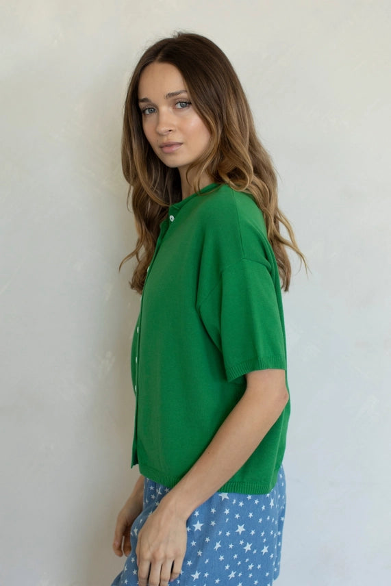Matcha & Shopping Short Sleeve Knit Cardigan Sweater with Button Front