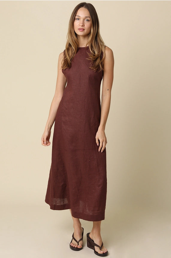 Here She Is Linen Blend Sleeveless Maxi Dress with Open Back Detail