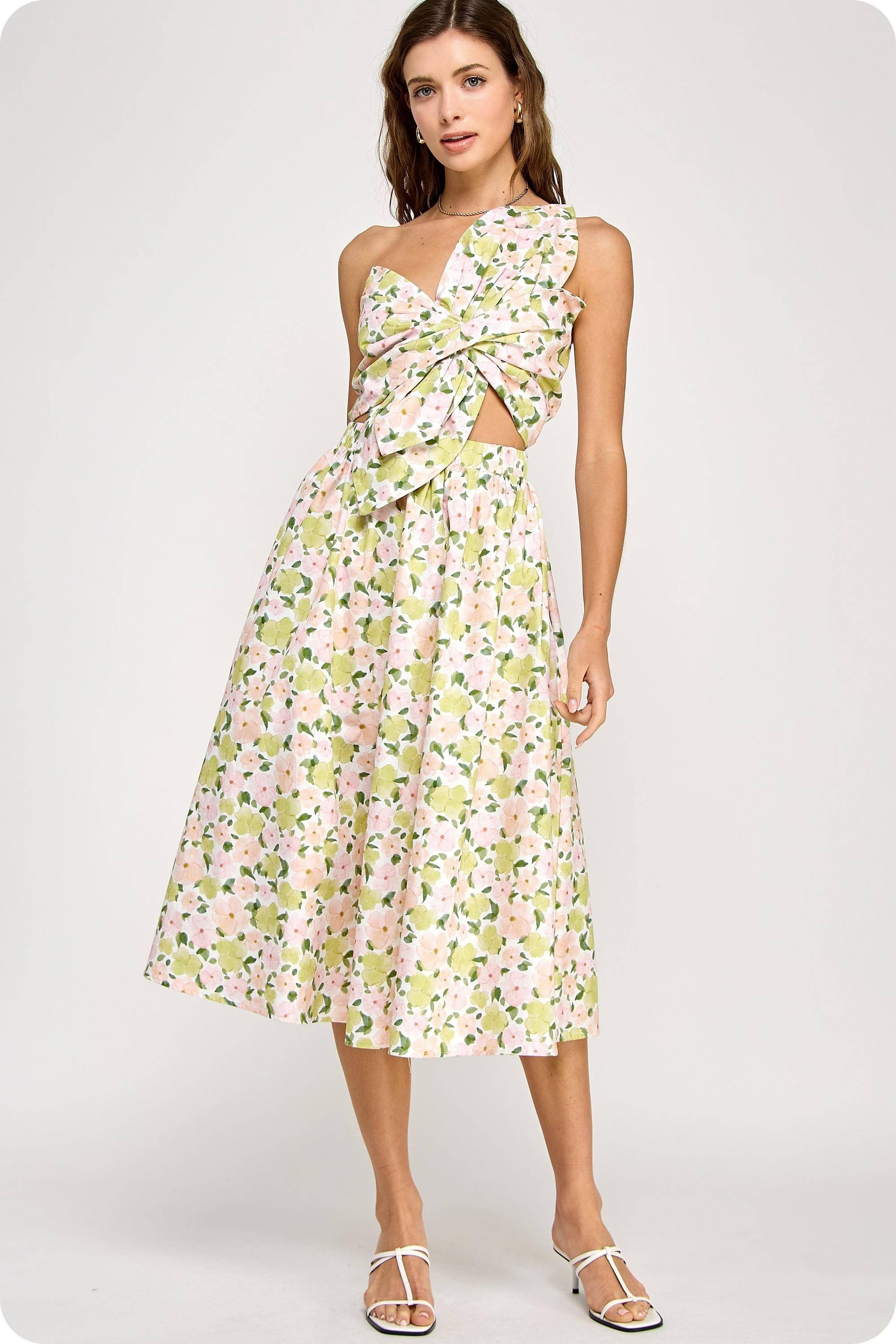 Knotted Flower Bow Floral Print Midi Dress
