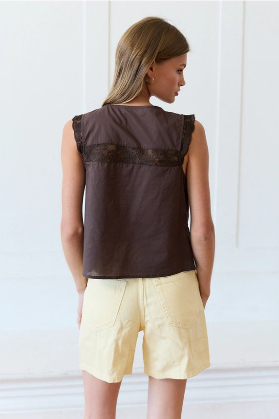 Espresso Date Lace Tie Front Sleeveless Top with Scalloped Trim and V-Neckline