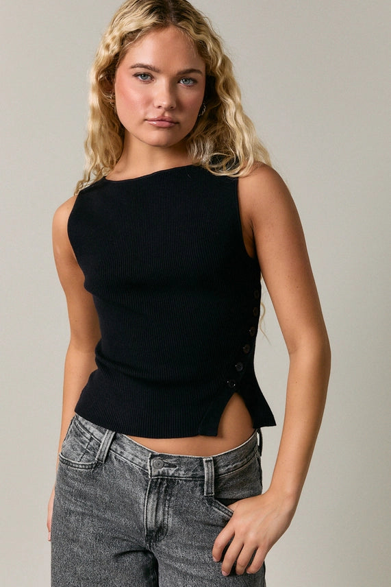 Worth the Hype Black Ribbed Knit Tank Top with Side Button Detail