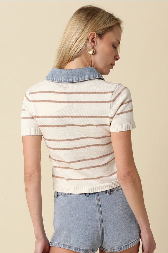 Prep Talk Striped Knit Polo Sweater Top with Denim Collar