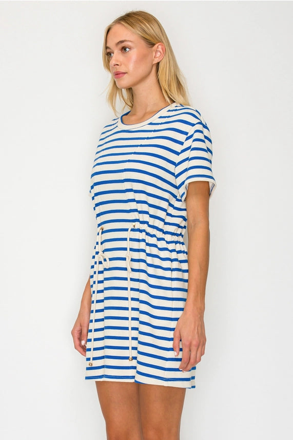 Sapphire Waves Blue and White Striped T-Shirt Mini Dress with Drawstring Waist